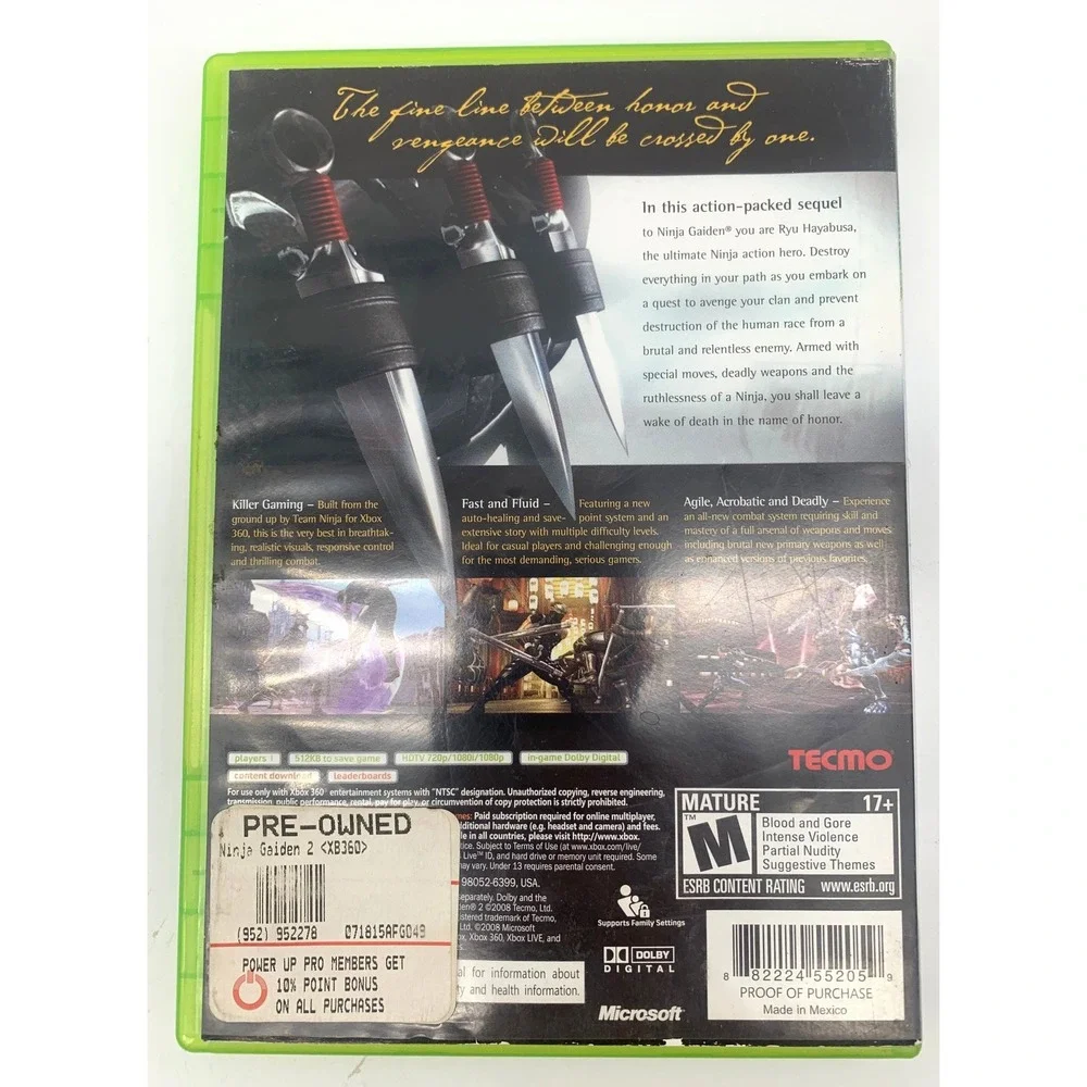 Tecmo Ninja Gaiden II Xbox 360 Green Case Action Adventure Game